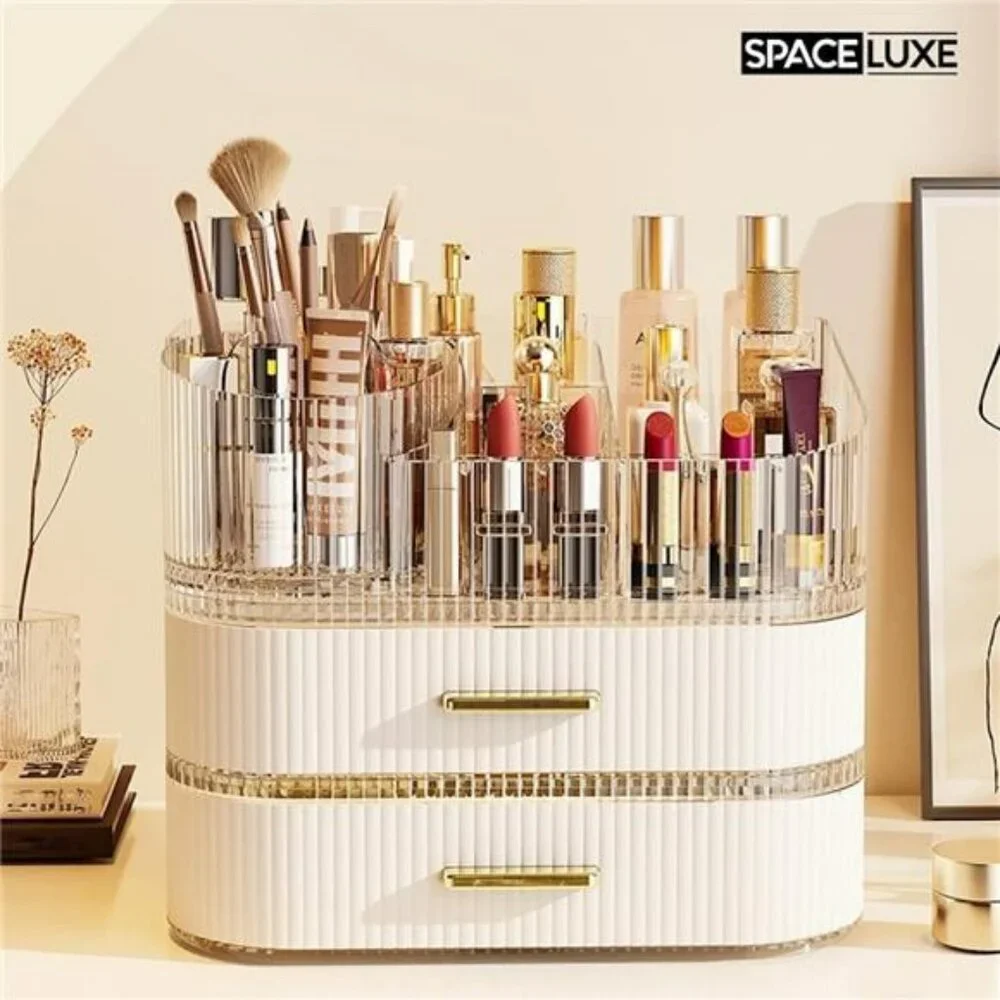 Makeup organizer with drawers rotating brush holder skincare vanity storage
